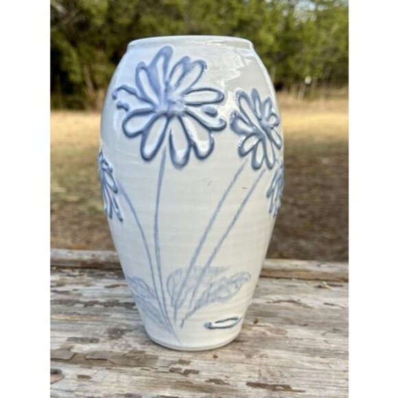 Studio Art Pottery Vase Raised Blue Flowers Cream Glaze Abstract Signed 8.75 in - Picture 2 of 16